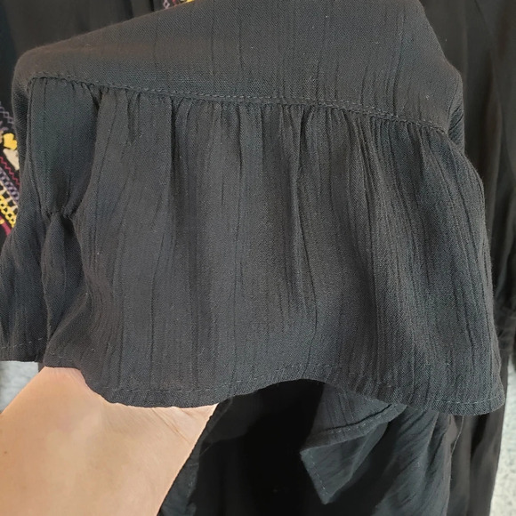 Nostalgia Black Rayon Embroidered Tassel Elastic Waist & Wrist Short Dress Sz L - Picture 8 of 11